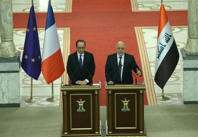 العبادي يؤكد القدرة على تقصير عمر الإرهاب والرئيس الفرنسي يجدد دعم بلاده للعراق